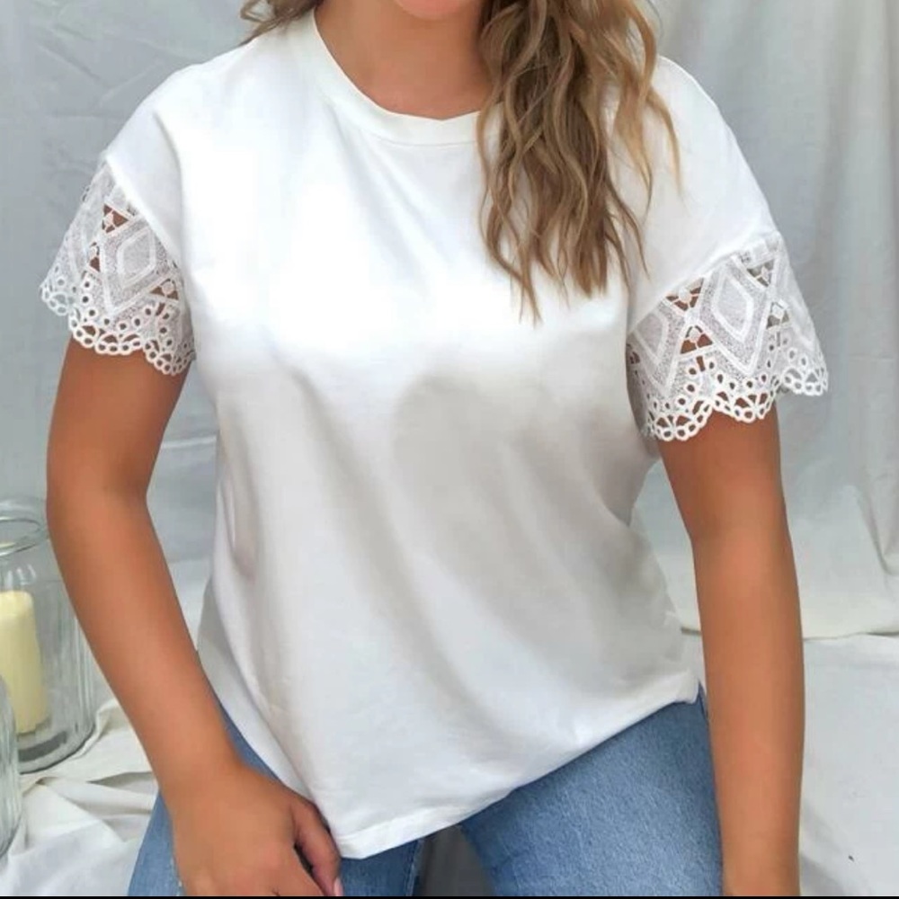 Shein White Lace Scalloped Cut Out Blouse